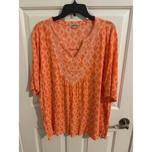 One World Rayon Notch Neck Lightweight Short Sleeve Blouse Orange Plus 3XL XXXL
